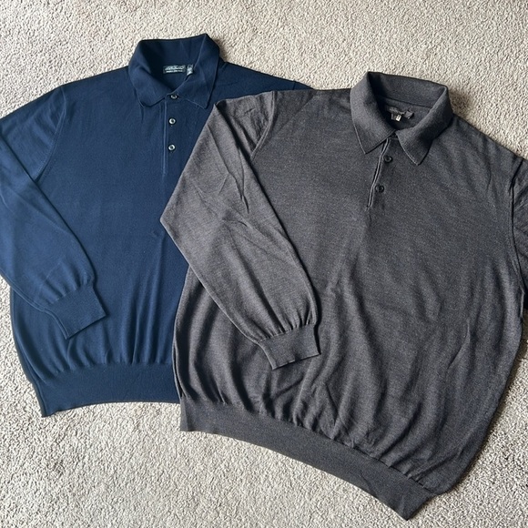 Two Merino Wool Henley Collared Sweaters Nordstrom and Barney’s Brown and Navy - Picture 1 of 10
